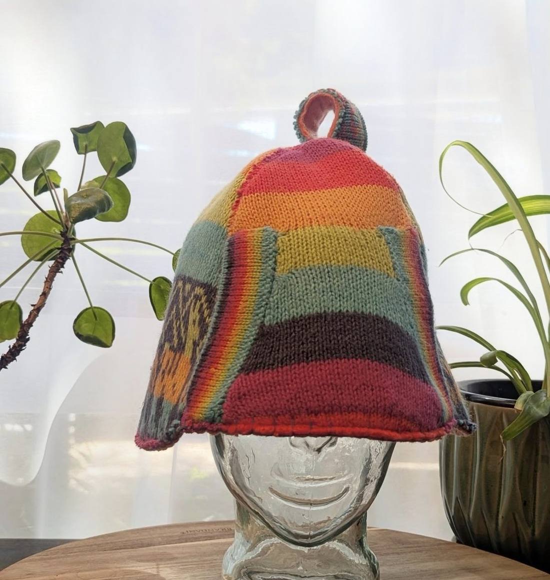 Striped knit sauna hat in warm colours